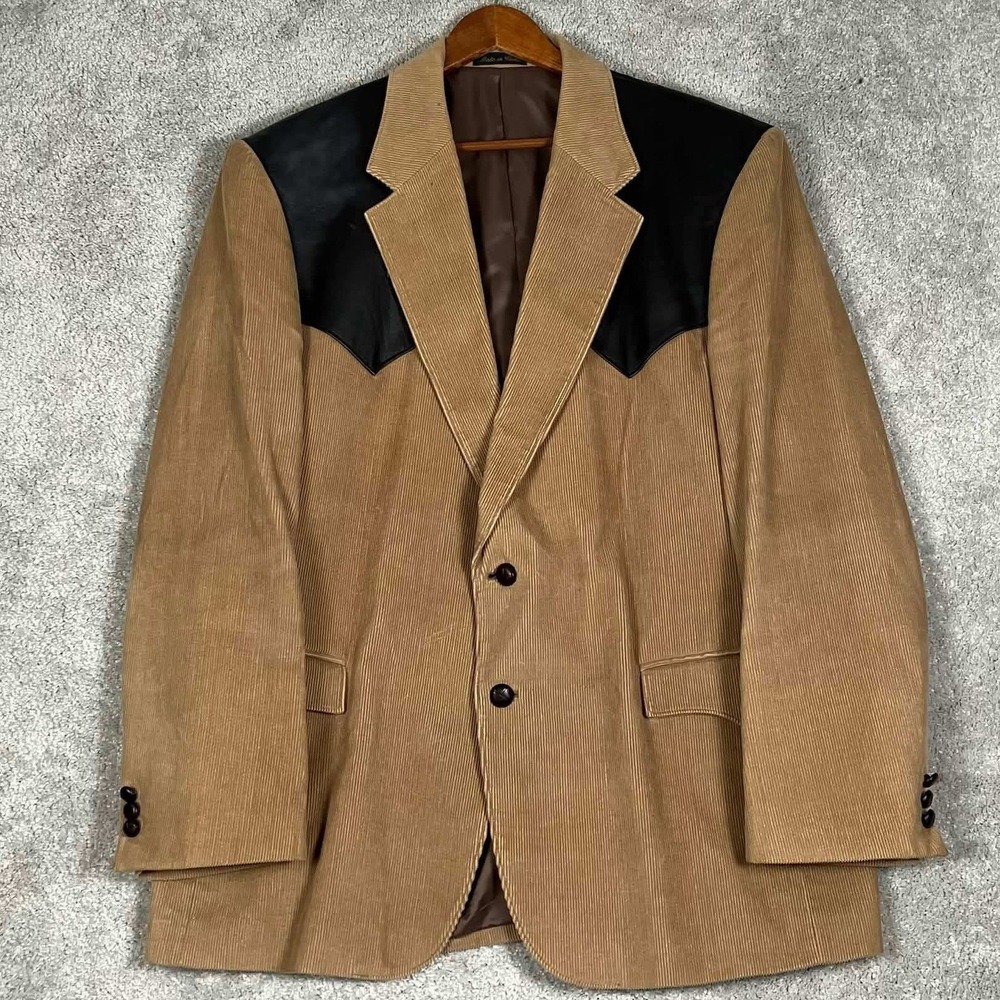 Circle S Sport Coat Mens 46R Tan Corduroy Western Blazer Black Yoke Faux Leather